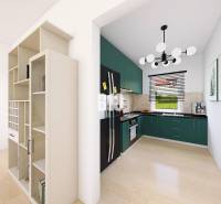 A kitchen in a family house with modern furniture, a staircase, and a bookshelf.