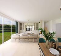 Living room in a family house with a light sofa, large windows, and a dining table.