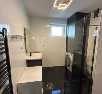 A bathroom in a family house with black floors, white walls, and a shower corner.