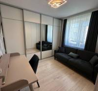 A room in a family house with a sofa, a mirrored wardrobe, and a writing desk.
