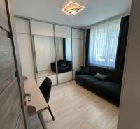 A room in a family house with a black couch, a desk, and a mirrored wardrobe.