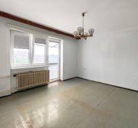 An unfurnished room with a radiator and a chandelier in a family house, with a view through a large window.