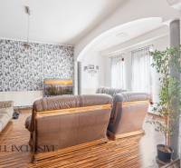 Living room with a leather sofa, patterned wallpaper, and a plant in a family house.
