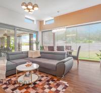 Living room in a family house with a large corner sofa, dining table, and glazing.
