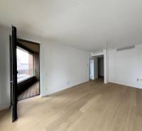 Spacious room with a balcony and wooden floor in a 2-room apartment.