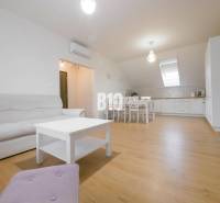 Living room with kitchen in a 3-room apartment, bright space with furniture and wooden floor.
