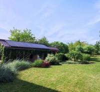 A garden at a 2-room apartment in Myjava with a lawn and trees in the background.