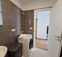 Bathroom with a mirror, sink, washing machine, and laundry basket in a 2-room apartment.