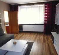 Living room in a three-room apartment with a sofa, table, and curtains on the window.