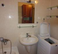 A bathroom in a 3-room apartment with a bathtub, sink, and washing machine, complemented by shelves.