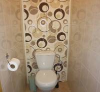 A toilet with decorative wallpaper and tiles in a 3-room apartment.