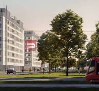 Buildings on Labutia Street, Bratislava V, with greenery and a tram in the foreground.