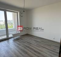 An empty room with laminate flooring and glass doors in a two-room apartment.