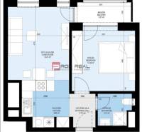 Floor plan of a 2-room apartment with a living room, kitchen, bedroom, and balcony.