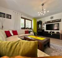 A living room in a family house with a comfortable sofa and a television on the wall.