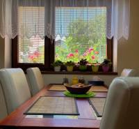 The dining room in the family house with a window and flowers offers a pleasant view outside.