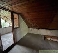 Attic room with wooden paneling and a glass wall in a family house.
