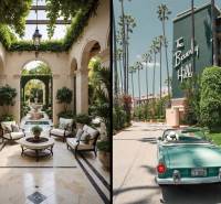 On the left, a luxurious interior with a fountain, on the right, a road with palm trees and a car.