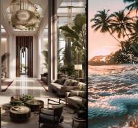 Construction of apartments with a sophisticated entrance hall and a beach in the background.