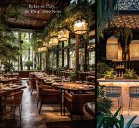 Luxurious restaurant interior with wooden tables, chairs, and plants. Apartment construction.