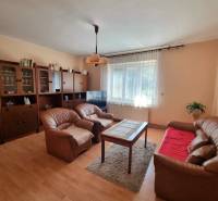 Living room in a family house with leather armchairs, a sofa, and cabinet furniture.