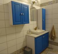 A family house bathroom with blue cabinets, a mirror, and patterned tiles.