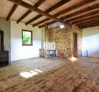 Interior of a cabin with wooden beams and a fireplace, wooden floor and white walls.