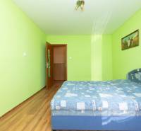Bedroom in a 2-room apartment with a bed and light green walls.