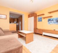 Living room in a two-room apartment with a sofa, furniture, and a view into the kitchen.