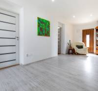 Interior of a family house with white walls, wooden doors, and a colorful painting.
