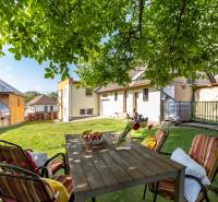 The garden of a family house in Ploské with seating under a tree and a view of the buildings.
