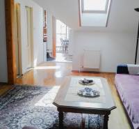Living room in a two-room apartment with an attic window, a sofa, and a carpet.