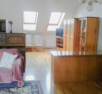 Attic living room with wooden furniture and skylights in a 2-room apartment.