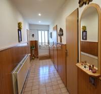 A hallway in a family house with wooden paneling, decorative elements, and an entrance door.