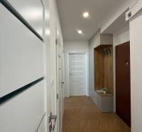 A hallway in a 3-room apartment with white doors and a wooden floor.