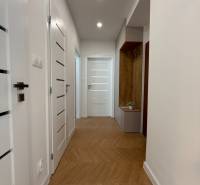 A hallway with a wooden floor in a 3-room apartment with white doors and storage space.