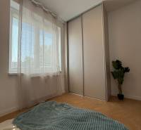 A bright bedroom with a window, a built-in wardrobe, and a plant in a 3-room apartment.