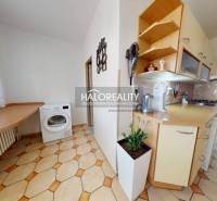 A kitchen in a 3-room apartment with a washing machine, kitchen unit, and a plant on the floor.