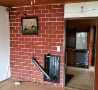 A brick wall with a fireplace and paintings in a family house, next to it are doors to the kitchen.