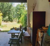 A space in a family house with a view of the garden. A table surrounded by greenery.