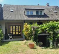 A family house in Potzneusiedl with a garden, plants, and a visible upper floor with windows.