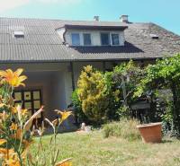 A family house in Potzneusiedl with a flower garden, vineyard, and traditional sloped roof design.