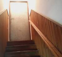 Wooden stairs lead to the door in a family house, lined with wooden paneling.