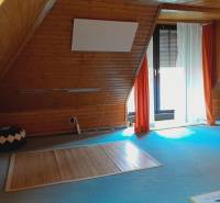 Attic room of a family house with wooden paneling and a skylight.