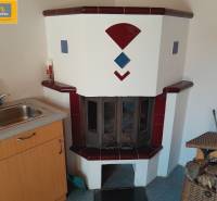 A fireplace next to the kitchen sink in a gastro area with wood for heating.