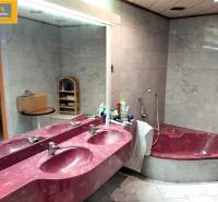 A bathroom with marble walls and a pink sink, next to a large bathtub.