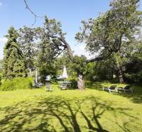 The garden of the villa in Hainburg an der Donau with a lawn, trees, and outdoor seating.