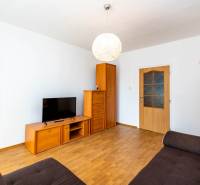 Bright living room in a two-room apartment with a sofa and a television.