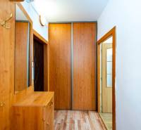 Entrance hallway with wooden furniture and a wardrobe in a 2-room apartment.