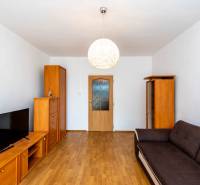 Living room in a two-room apartment with wooden furniture and a sofa.